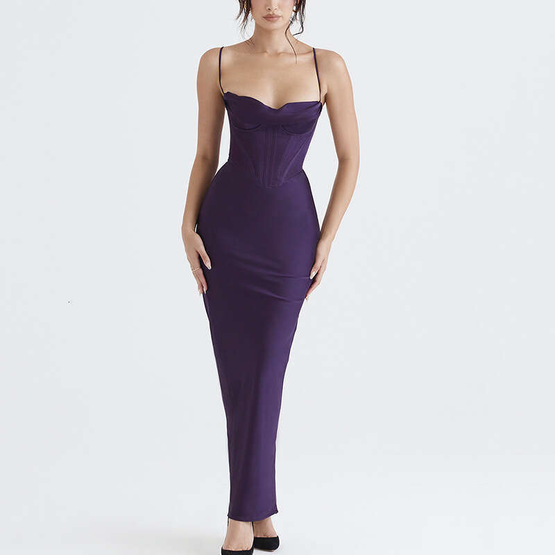 Sexy Women's Dress New Sexy Pile Up Collar Satin Fishbone Pleated Suspender Long Skirt