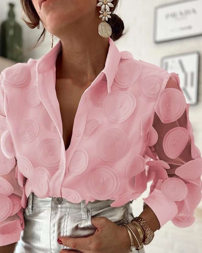 Women's Fashion Ral Pattern Long Sleeve Top Semi-Sheer Mesh Patch Design Women Casual Button Loose Elegant Blouses