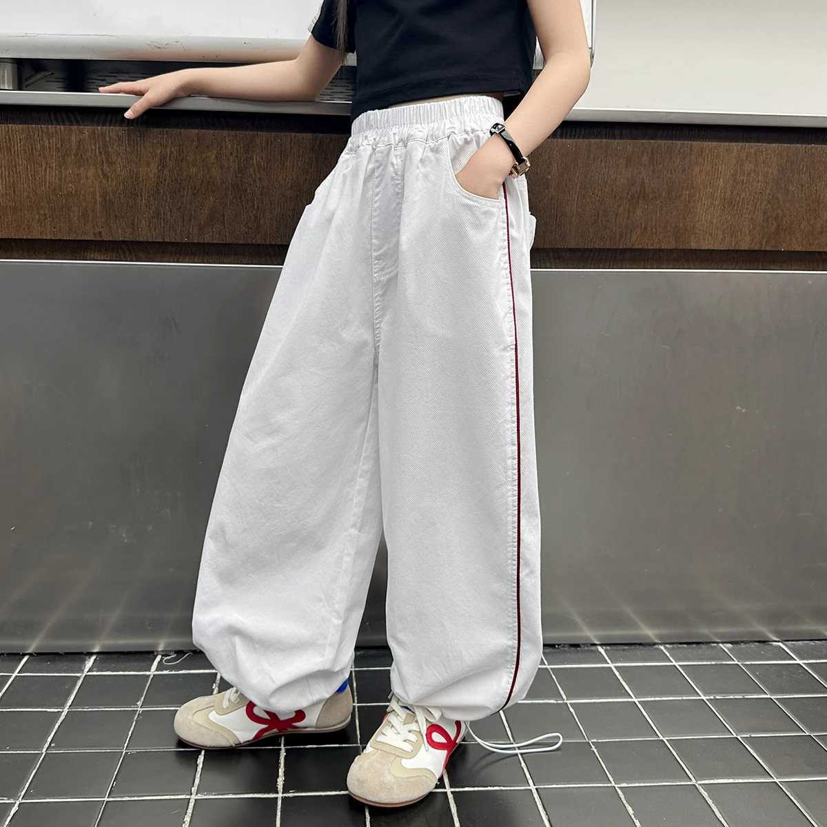 Childrens Spring and Summer White Pants Girls Casual Trouser with Side Stripes Childrens Fashion Sports Pants 4 5 7 9 11 14 YT250318