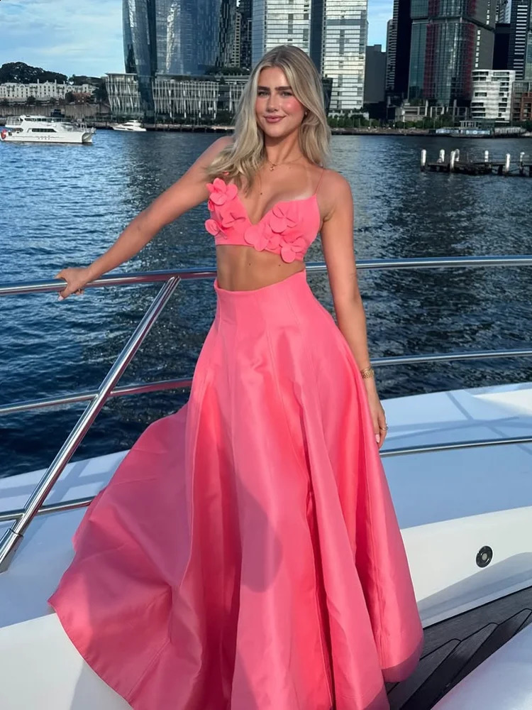 Women Sexy Solid High Waist Pleated Long Skirt Sets Fashion 3d Flower Backless Sling Cropped Tops Suit Lady 2025 Vacation Outfit 250319