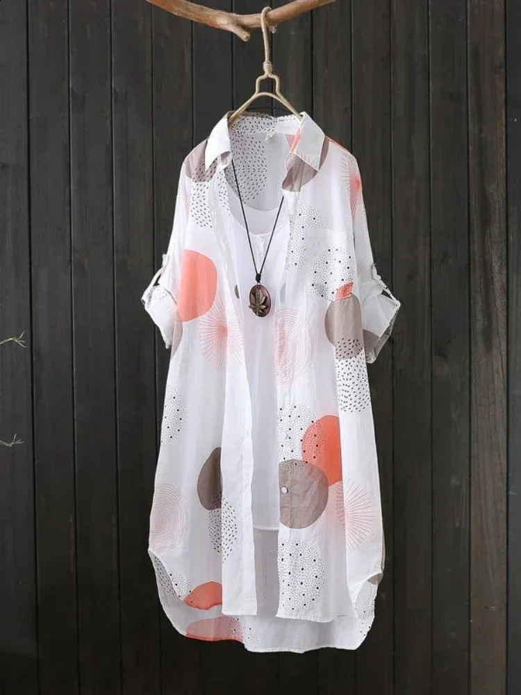 Large loose printed shirt womens cotton medium to long autumn sleeved casual winter Korean style 250319