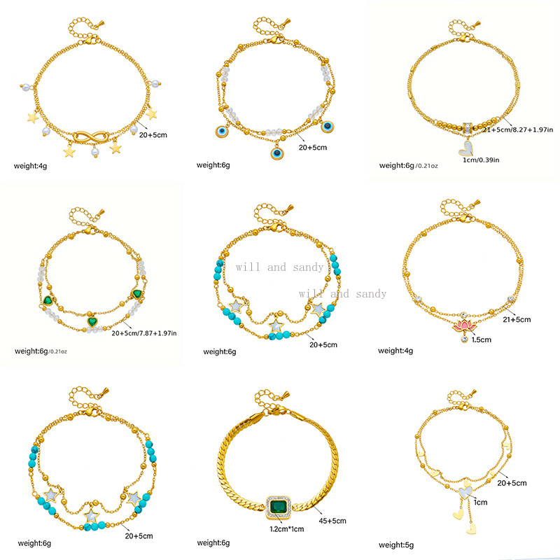 Non Tarnish 18k Gold Waterproof Anklet Chain Bracelet Designer Star Heart Cross Charm Dainty Layered Stacking Foot Chain for Woman Girls Summer Beach 