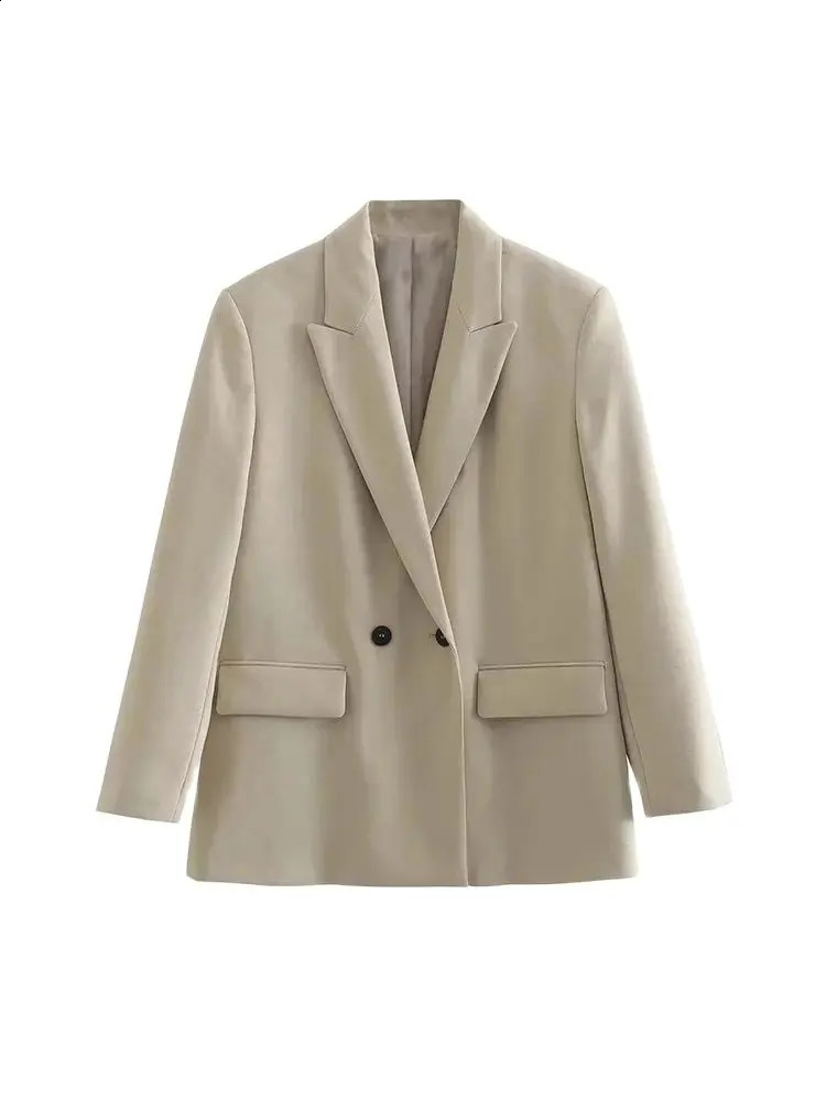 TRZA Womens Fashion Double Chest Loose Coat Retro Long Sleeve Pocket Vest 250317