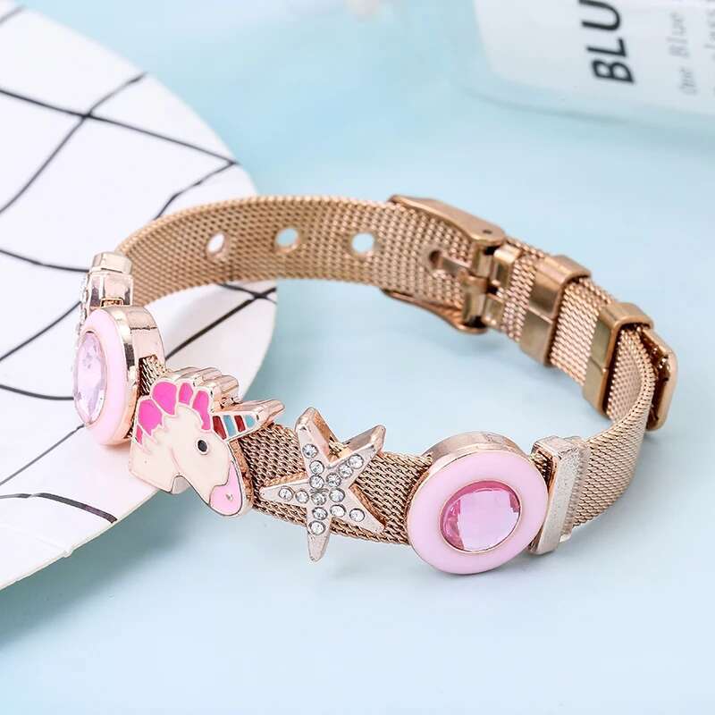 New 10mm Cartoon Unicorn Beads Stainless Steel Mesh Bracelets DIY Charm Keeper Bracelets Bangle For Women Men Brand Jewelry Gift