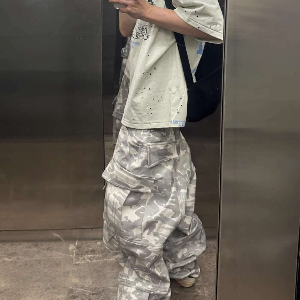 American style distressed dirty wash camouflage multi pocket tactical paratrooper functional workwear pants men's trendy brand