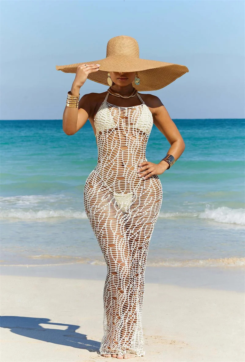 Womens 3 Pieces Sexy Beach Bikini Set Backless Hollow Out Hole Knit Long Dress Cover UpLace Up Halter Bra TopUnderwear Swimsuit 250318