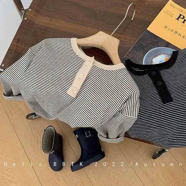 Childrens Spring Autumn Long-sleeved T-shirt Boys Girls Korean Striped T Childrens Cotton Bottoming Shirt Baby Simple Top 250319