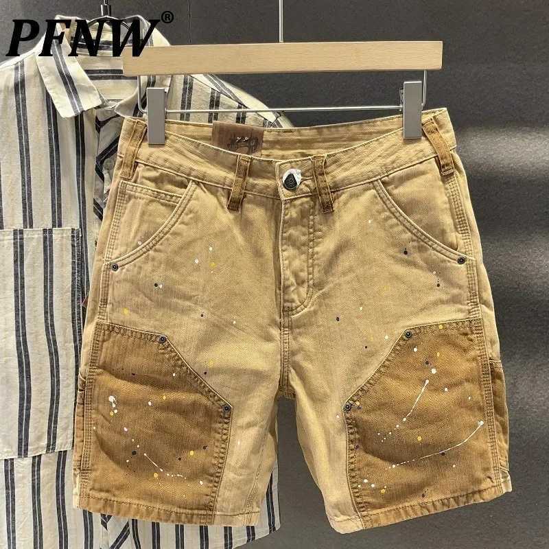 PFNW Fashion Splicing Casual Shorts for Men Loose Direct Splashing Ink Color Collision Design Five Minute Pants Summer Trend 28W5962 W250319