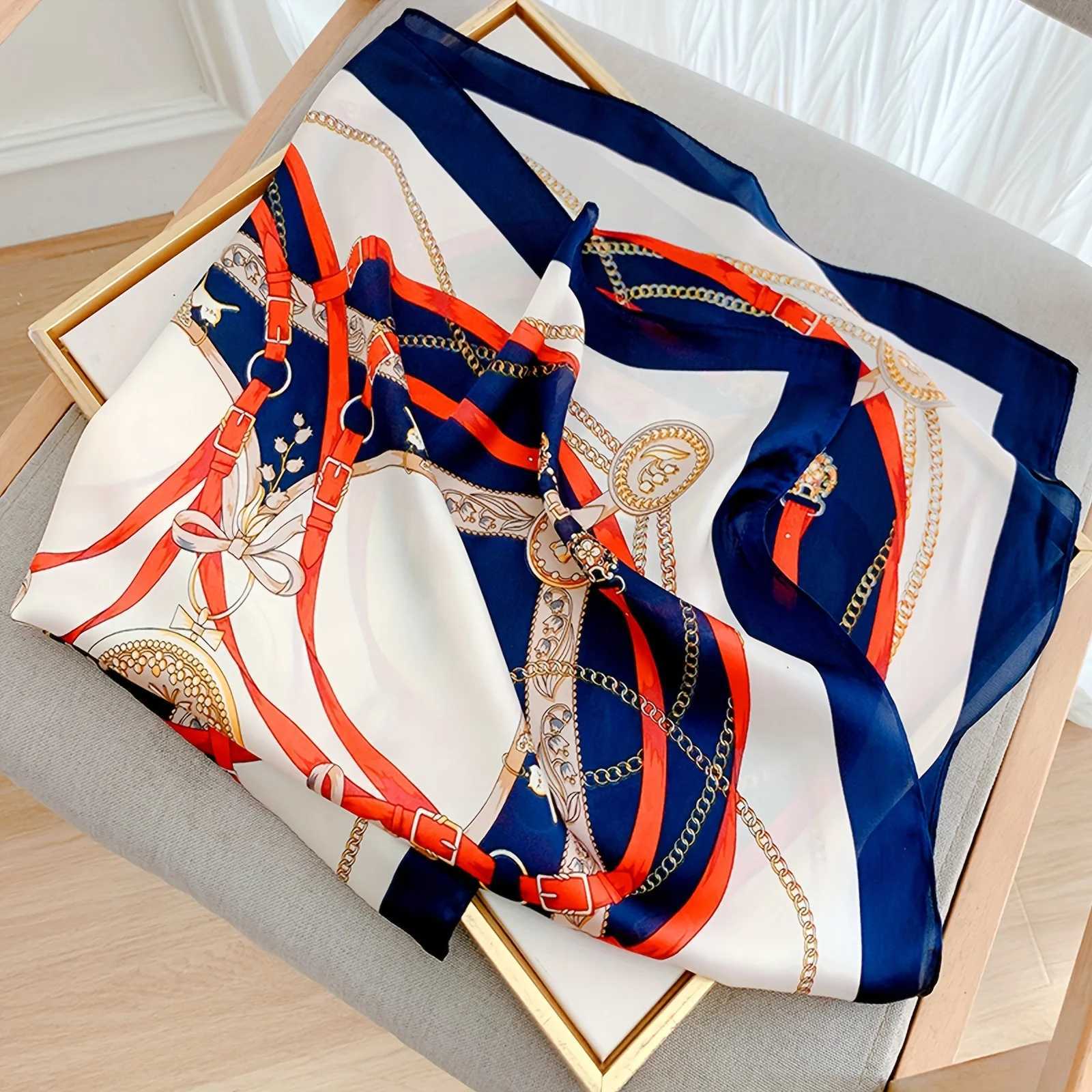 Orange navy blue printed square scarf thin breathable sunscreen shawl casual outdoor windproof bag X250319