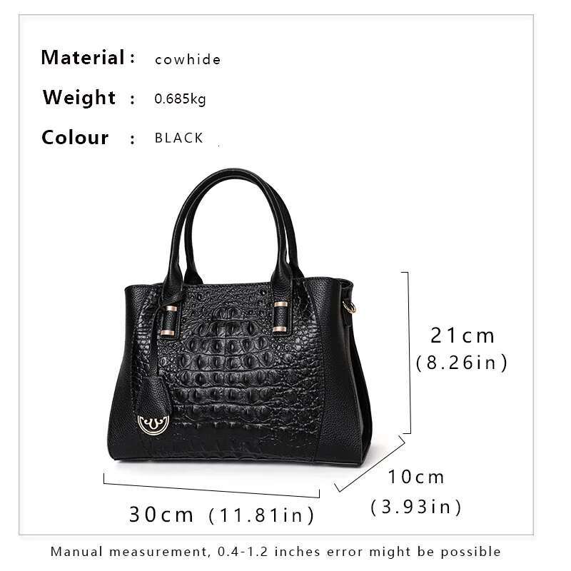 Aidrani New Women's Crocodile Pattern Handbag, Large Capacity High Quality Cowhide Bag, Black