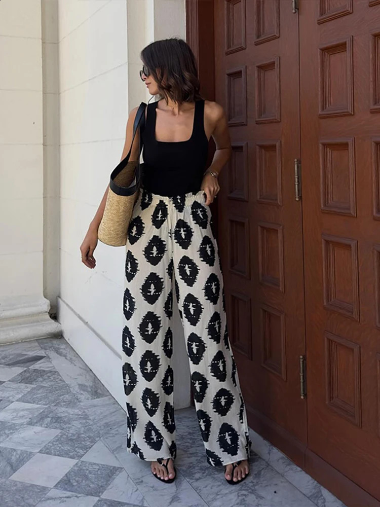 Casual printed womens long pants with elastic high waist and wide legs springsummer loose set 250318