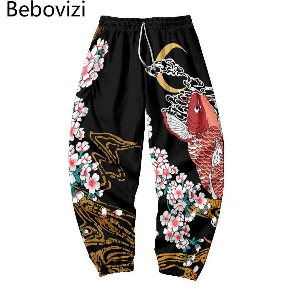 Japanese Style Fish Sakura Print Sweatpants Men Multi Pocket Long Cargo Pant Harajuku Jogger Trousers Streetwear Pants X250319