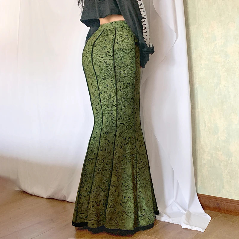 Darlingaga Vintage Fashion Elegant Green Trumpet Long Skirt Graphic Printed Lace Trim Y2K High Waist Skirt Women 2000s Aesthetic 250313