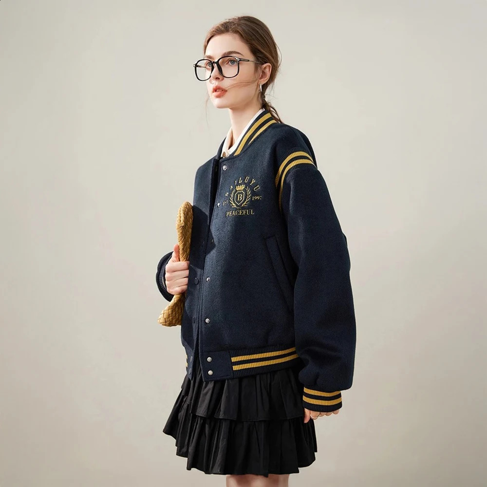 Retro school team jacket womens loose baseball retro ed letters thick wool blend casual streetwear 250317