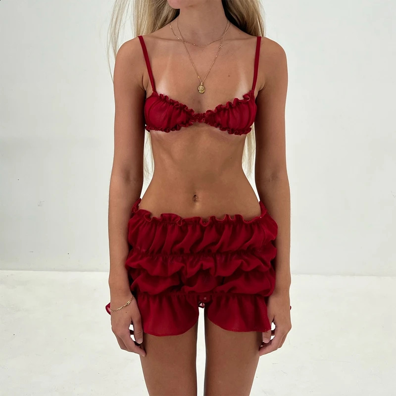 Women Y2K Vintage Frills Spaghetti Strap Cami Crop Tops Ruched Mini Pencil Skirt Fairycore 2 Piece Skirts Outfits Streetwear 250319