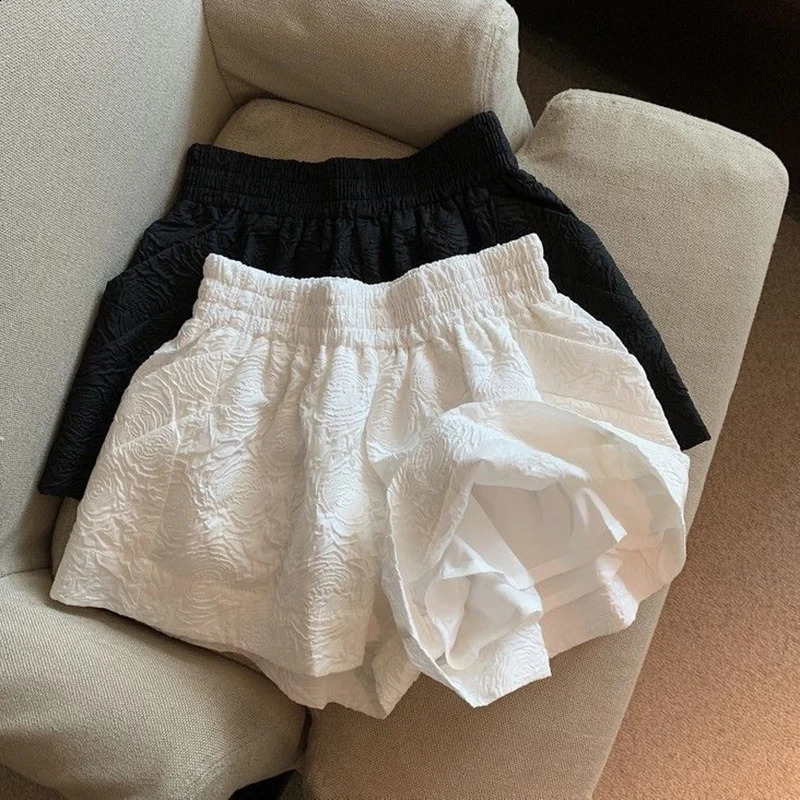 Womens Casual Wide Leg Shorts Vintage Black White Jacquard Shorts Female Korean Chic Elastic High Waist Streetwear Short Pants 250319