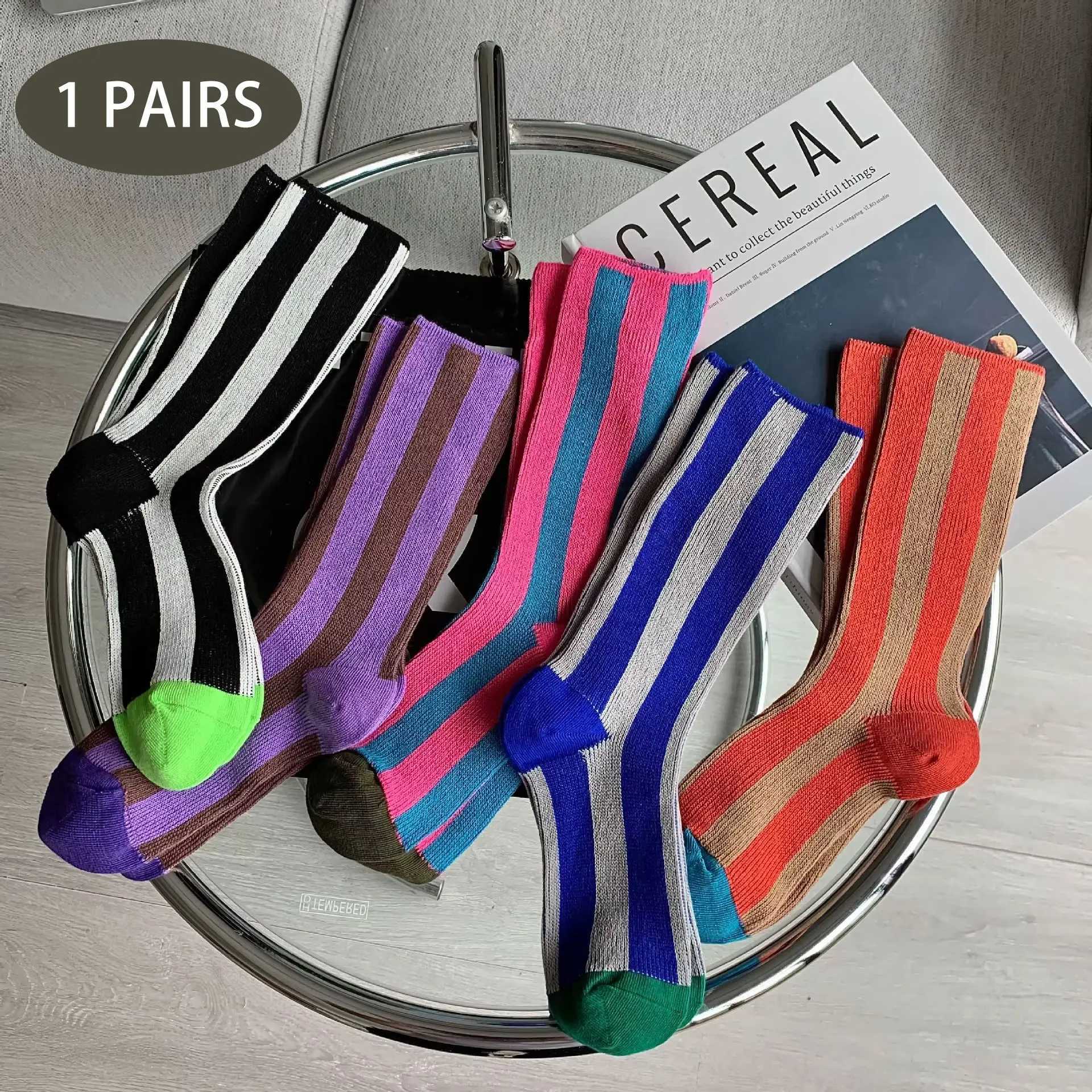 1 pair of high saturation dopamine colored striped Ins fashionable skateboarding style vertical striped mid length socks X250319