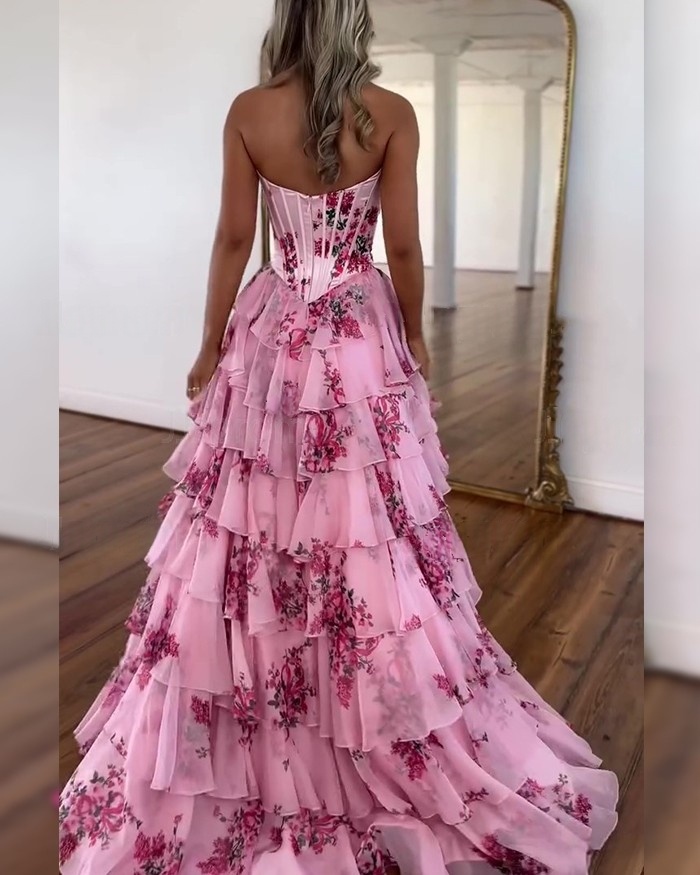 Ruffles Tiered Floral Chiffon Prom Dresses High Slit A-Line Sweetheart Neckline Sleeveless Long Pink Evening Gown Girls Boutique Special Occasion Dres