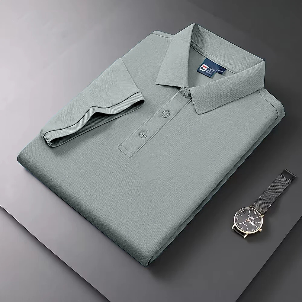 Summer Mens Ice Silk Seamless T-shirt with Collar Business Solid Color Half Sleeve Polo Shirt 250317