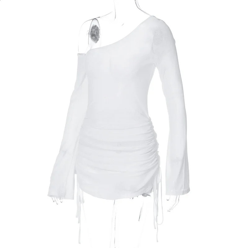 Oblique Shoulder Dress Sexy Womens Beach Vacation See Through Dresses Drawstring Ruched Long Sleeve Mini Party Clothing 250319