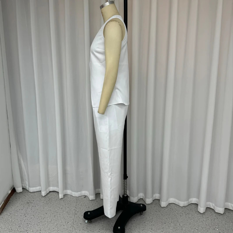 LIYONG Women Two Piece Set Summer Casual Solid Sleeveless Round Neck Button Irregular Top With Pocket Pencil Pants Sets 250319