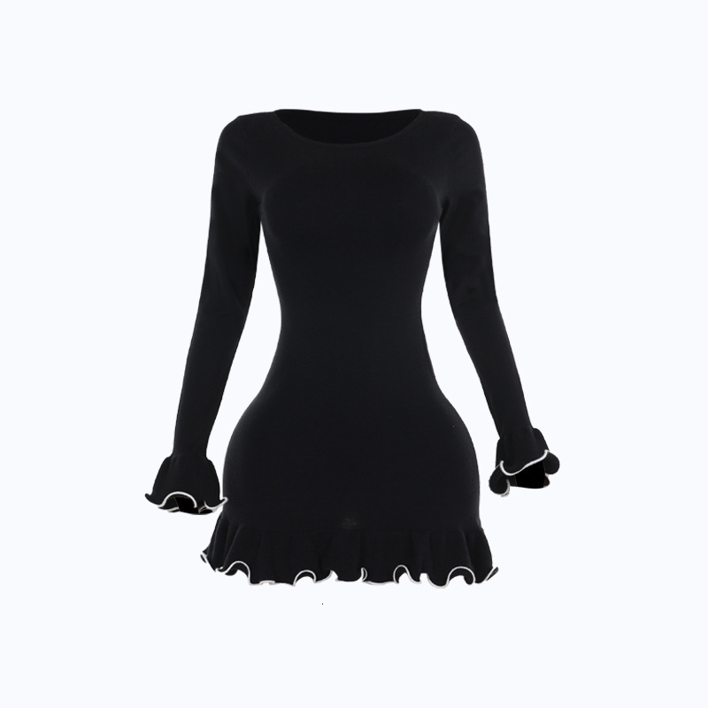 JF24232 Autumn 2024 New Style Color Contrast Wave Curled Edge A Swing Long Sleeve Woolen Dress for Women