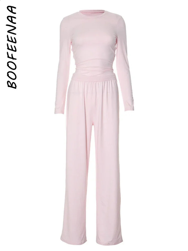 BOOFEENAA Fall Winter 2 Piece Set Long Sleeve Top Wide Leg Pants Suit Casual Clothing Cozy Lounge Sets Women Outfit C85-DZ40 250319