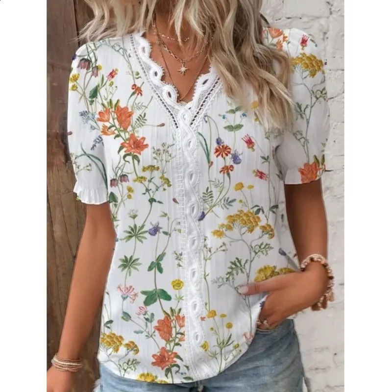 Summer Vneck lace decal printed womens shirt 2024 elegant office short sleeved floral zipper 250319