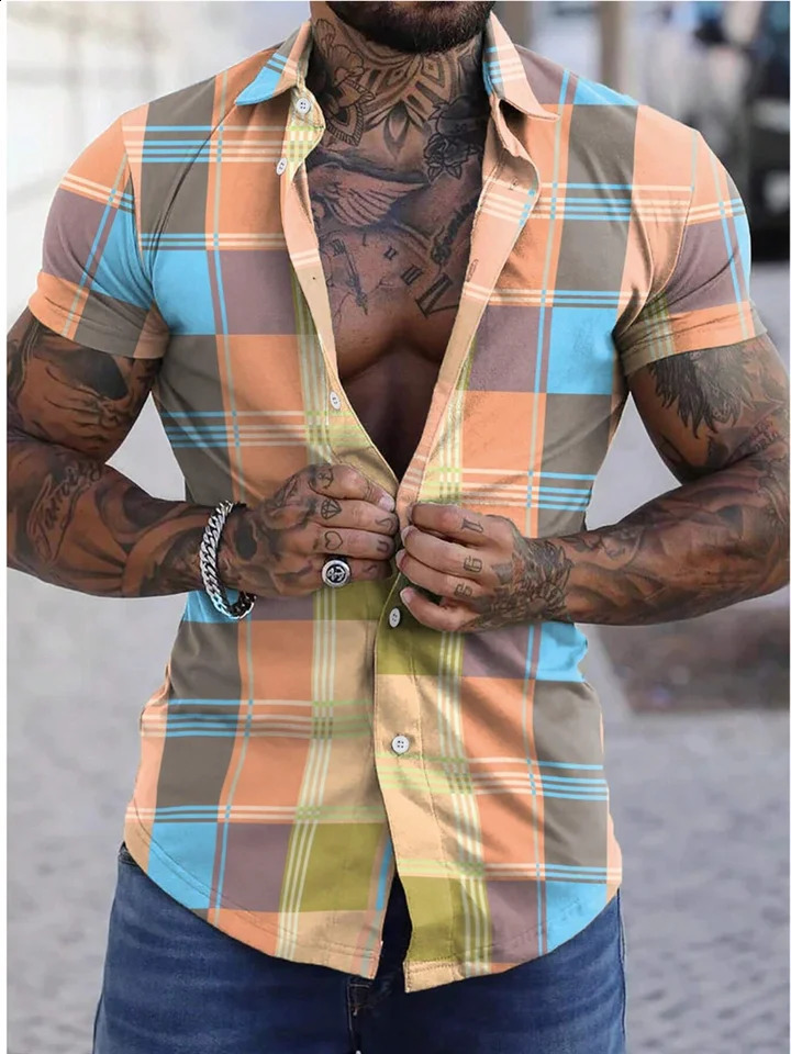 Colorful checkeredcheckered casual mens shirt suitable for daily wear weekend outings summer collar short sleeved 5XL quick 250317