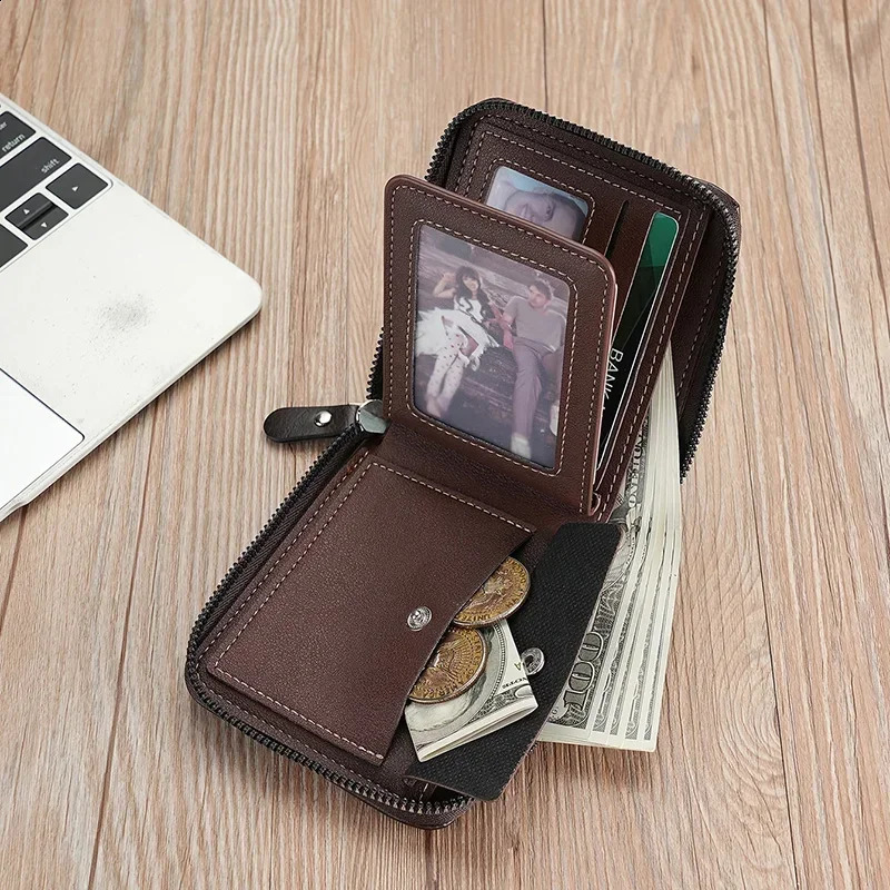 Leather mens wallet mens wallet mens zipper card holder with coin pocket Rfid wallet mens money bag gift 250318