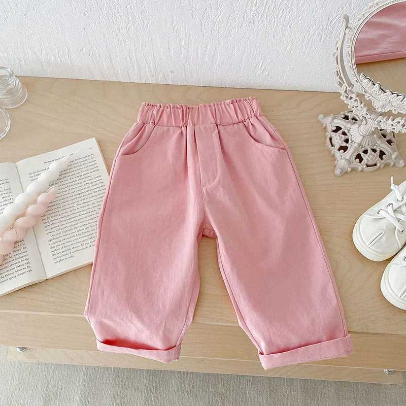 Childrens autumn casual pants childrens solid elastic waist Trouser girls sweet pink soft loose pantsT250318
