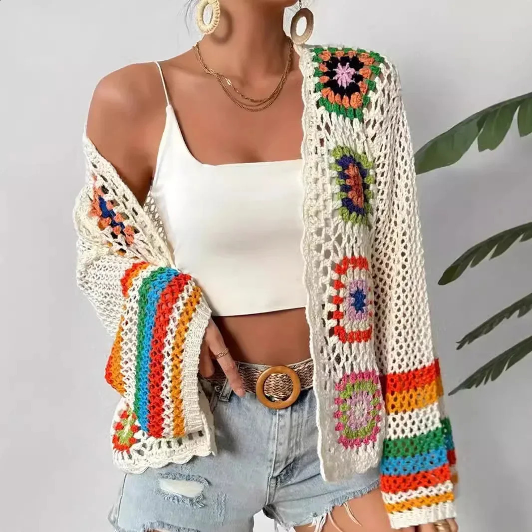 Hand-Knitted Long-Sleeve Knitwear Bohemian Colorful Plaid n Spring Autumn Womens Fashion Thin Model Made in China 250318