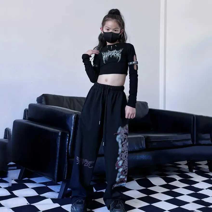 Hip hop 2025 summer spring youth track and field clothing for girls 1 crop top letter T-shirt or 1 long leg wide pants for children aged 8 10 and 12T2