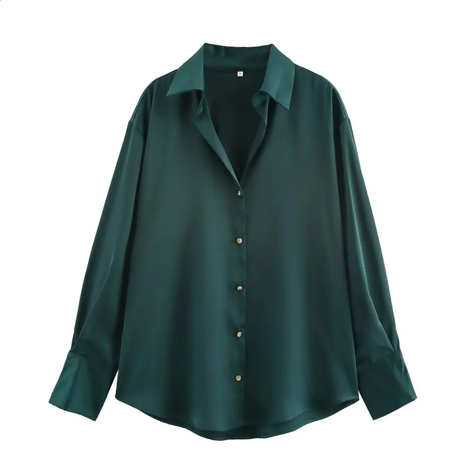 DUOPERI Womens Fashion Satin Brown Shirt with Collar Long Sleeve Retro Clothing 250319