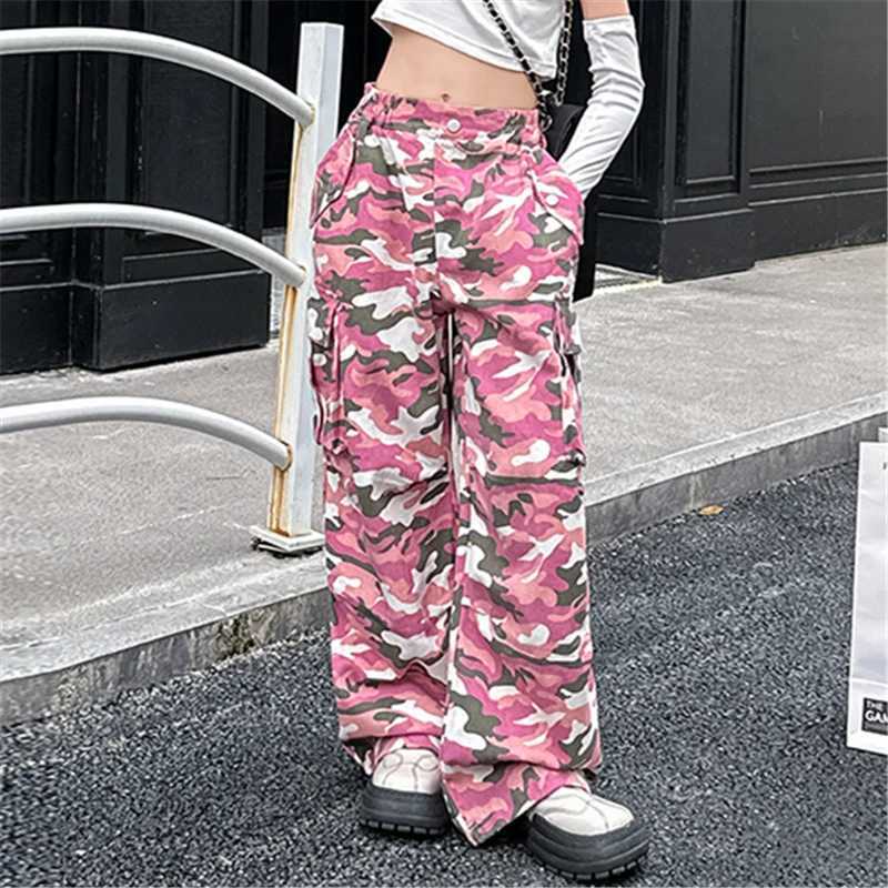 Korean Child Pink Camouflage Cargo Pants Spring Autumn Teen Girl Casual Elastic Waist Pocket Trousers Teenager Street Wear PantsT250318