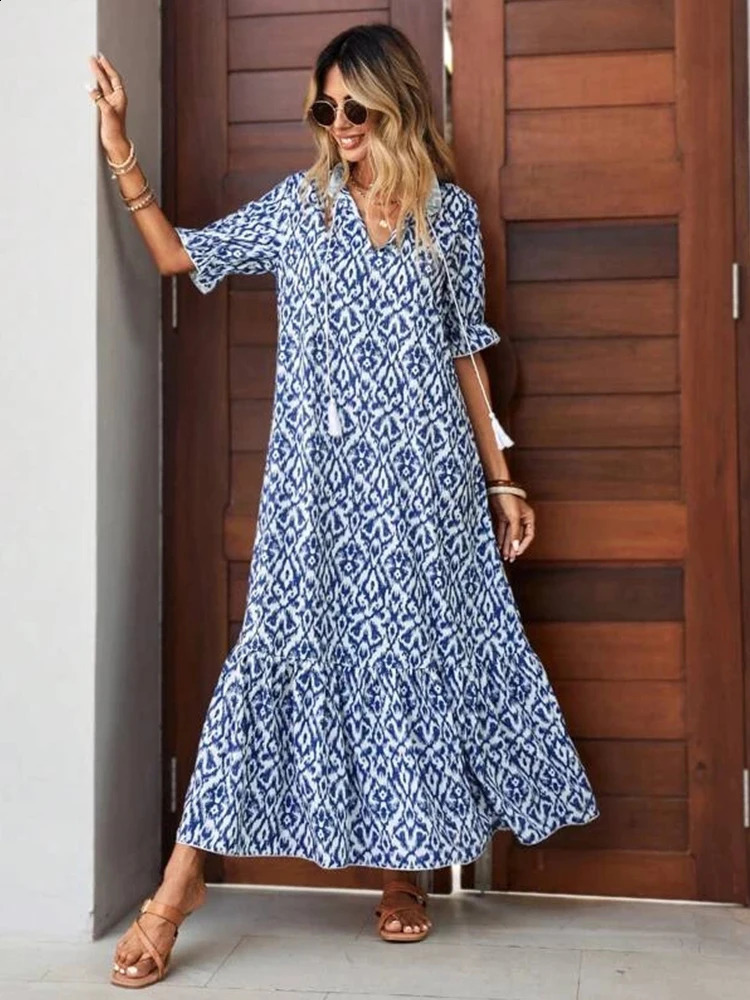 Summer Rotating Bohemian Womens Maxi Dress Casual Short Sleeve A-line Flounce Beach Womens Chiffon Dress Flower Vestidoes Mujer 250314