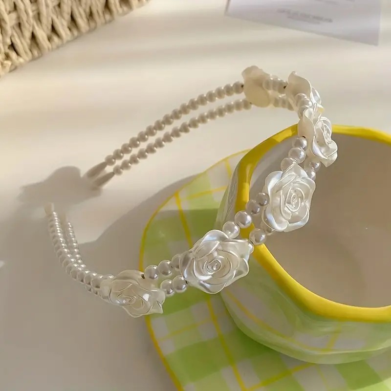 Vintage-Inspired Pearlized Headband Adorned with Roses Feminine Double Layered Hair Accent for Women