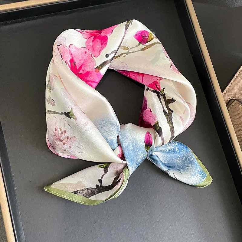 53cm natural silk scarf with collar and collar foard Bandana small hair fashionable floral tie for women 2024 new item X250319
