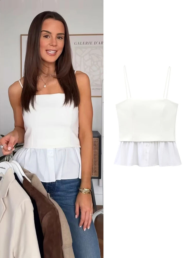 TRAF Summer Womens Splicing Belt Top Sexy Club Fashion Casual Top Side Zipper Sleeveless Vest Fashion Tank Top 250314