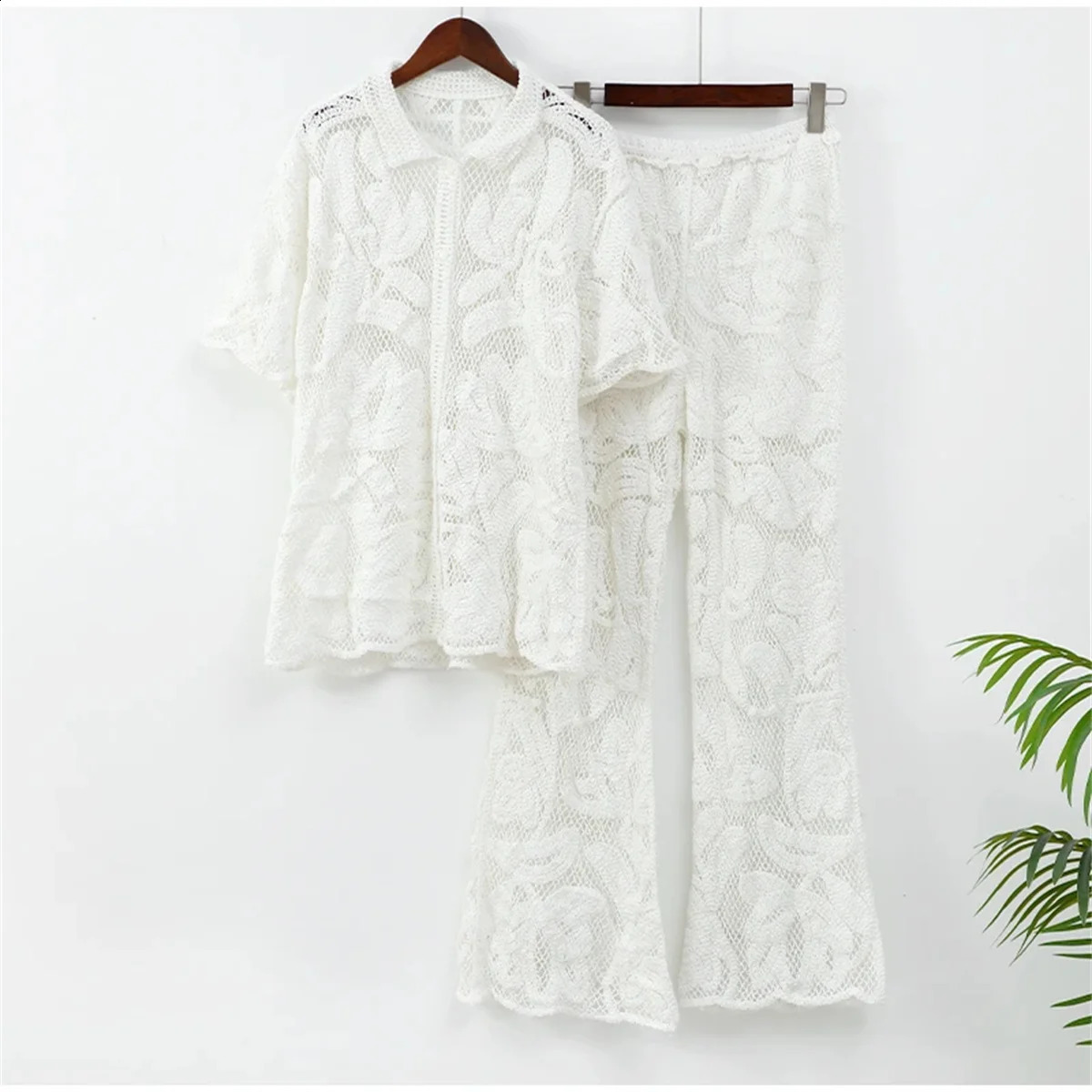Womens Lapel Hollow-out Suit Short Sleeve Single Breasted Top Straight Leg Trousers Casual Sets Elegant Female Vacation 2PCS 250319