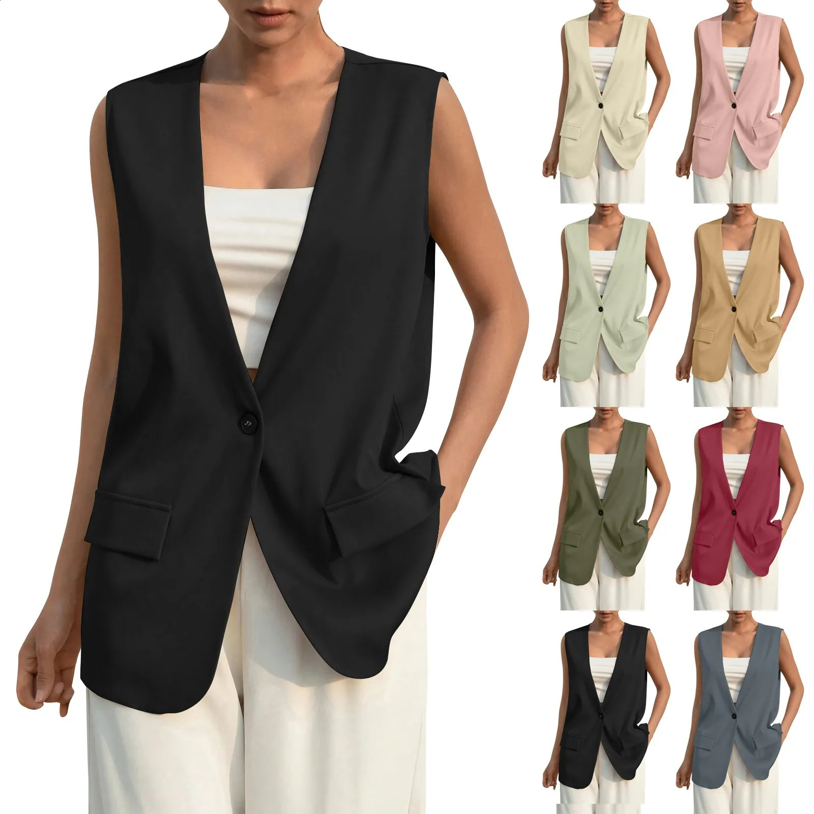 Fashion n set womens retro Vneck work casual loose jacket solid color single button sleeveless thin 250319