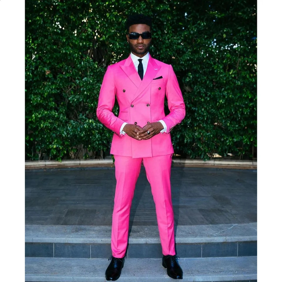 Bright Pink Double Breasted Men Suit Two PiecesJacketPants Lapel Outfits Chic Casual Party Prom Wedding Set 250311