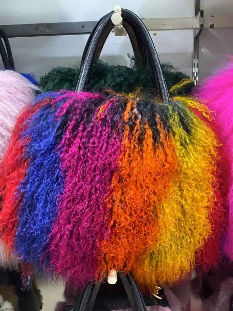 Mwfur Handbag Fashion Long Hair Tote Bag Mongolian Lamb Fur Bags For Women