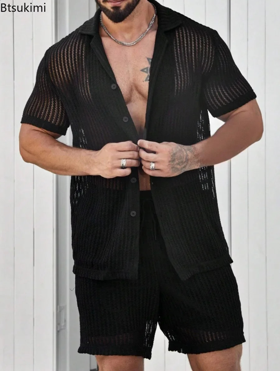 Summer Cool Breathable Mens Knitted Shirt Fashion Hollow Short Sleeve Button Collar Cardigan Top Mens Knitted Solid Polo Shirt 250317