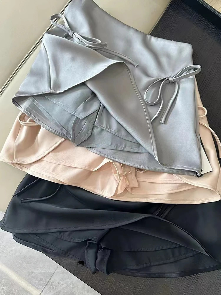 Bow Lace-up Satin Y2k Mini Skirts Women Pink Korean Style A-Line Skirts Summer High Waist Sexy Slim Sweet Short Skirts 250319