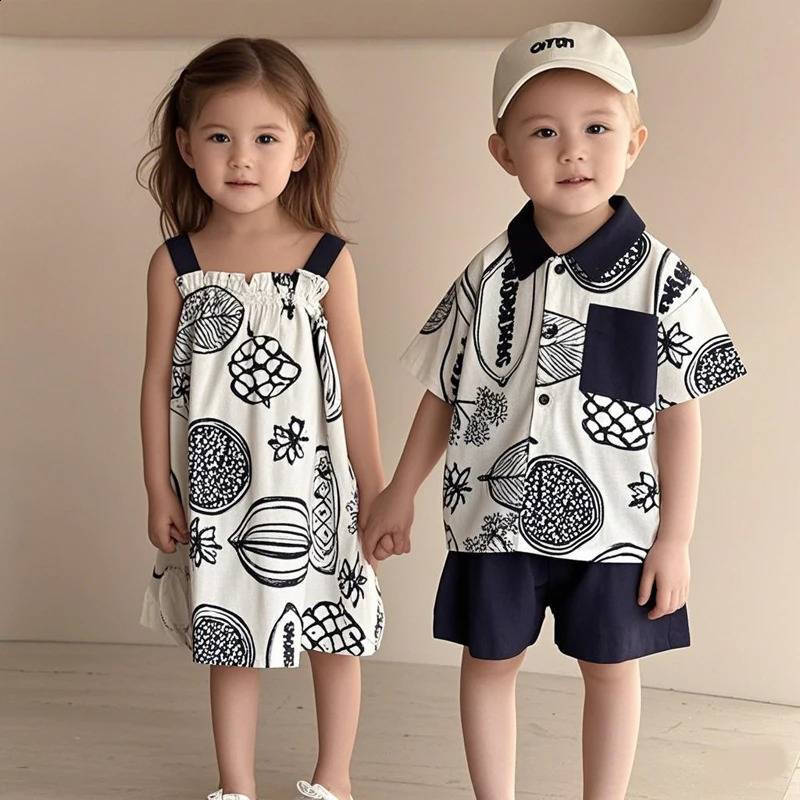 Summer 1-10 Years Old Brother Sister Clothes Girls White Dark Blue Suspender Dress Boys Cotton T Shirt Shorts 2PCS Suit 250319
