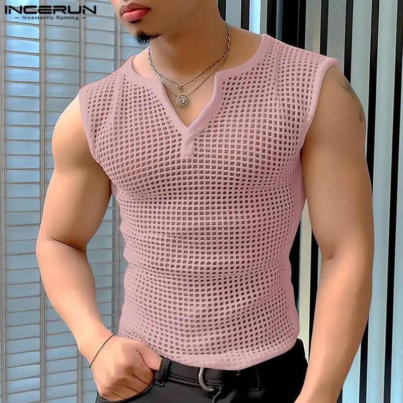 Mens Tank Top Mesh Hollow Solid V-neck Sleeveless Summer Mens Tank Top Transparent Fashion Mens Clothing INCERUN 250313