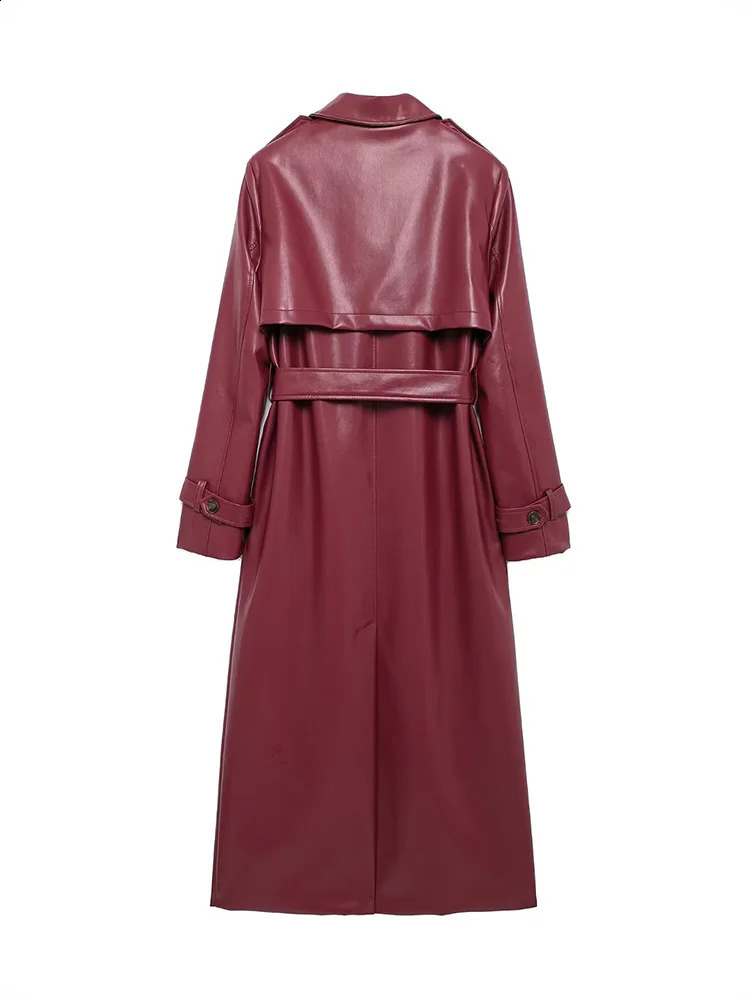 Womens vintage Burgundy synthetic leather Maxi long jacket with belt fashionable sleeves single perforated elegant PU groove 250319