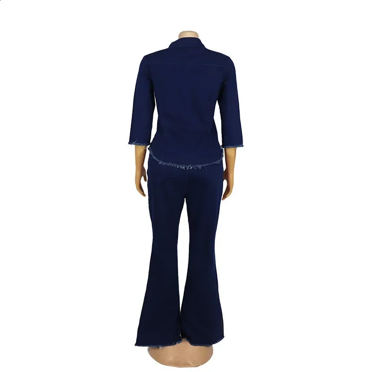 Two piece womens denim suit jeans jacket single chest revolving door collar sparkling pants womens clothing casual ensemble 250314