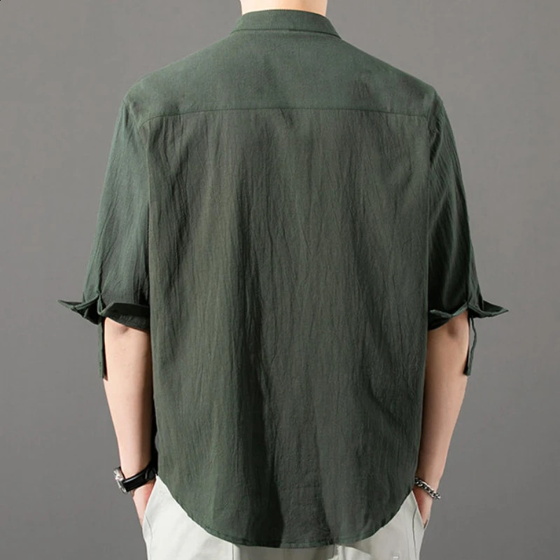 1/3 sleeve summer cotton linen mens solid color stand up collar casual beach shirt top 250317